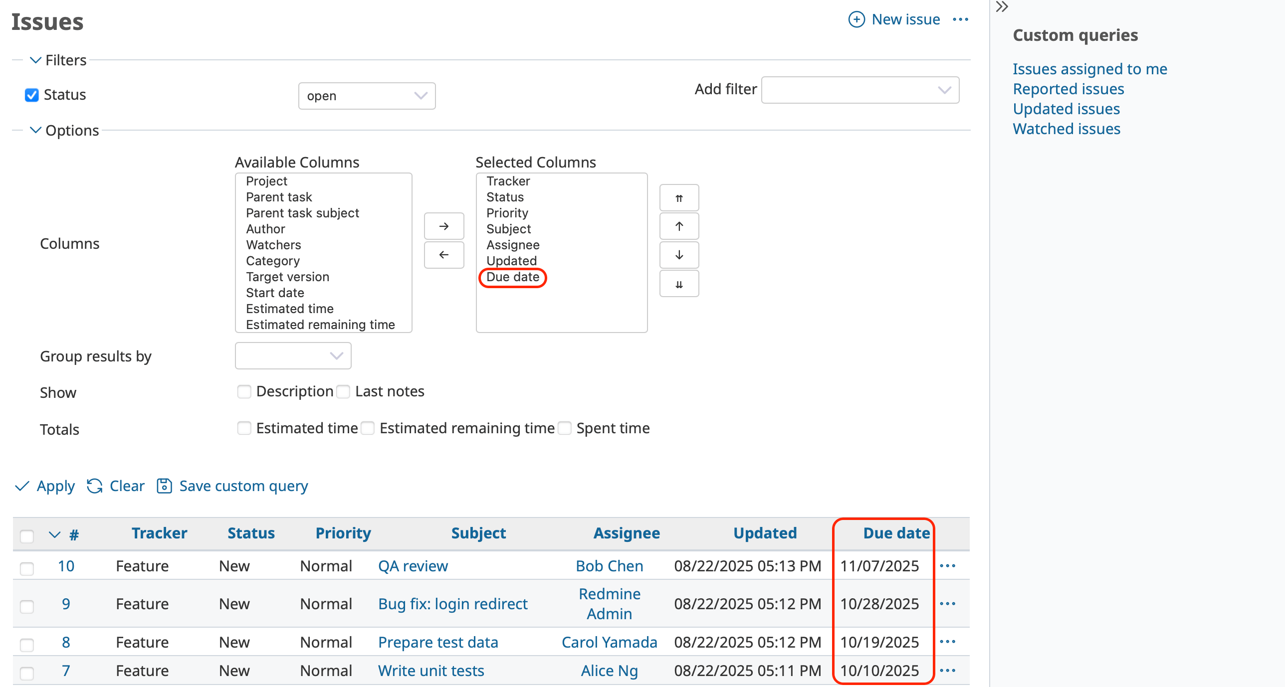 Custom Query Display Due Dates