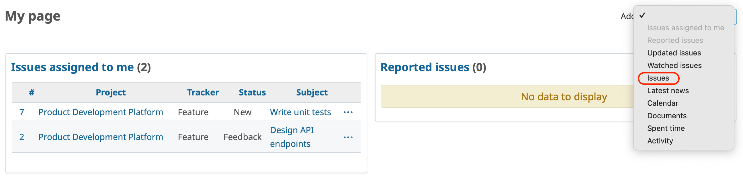 My Page Add Dropdown