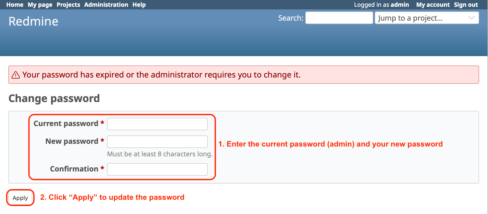 Initial Setup Change Password