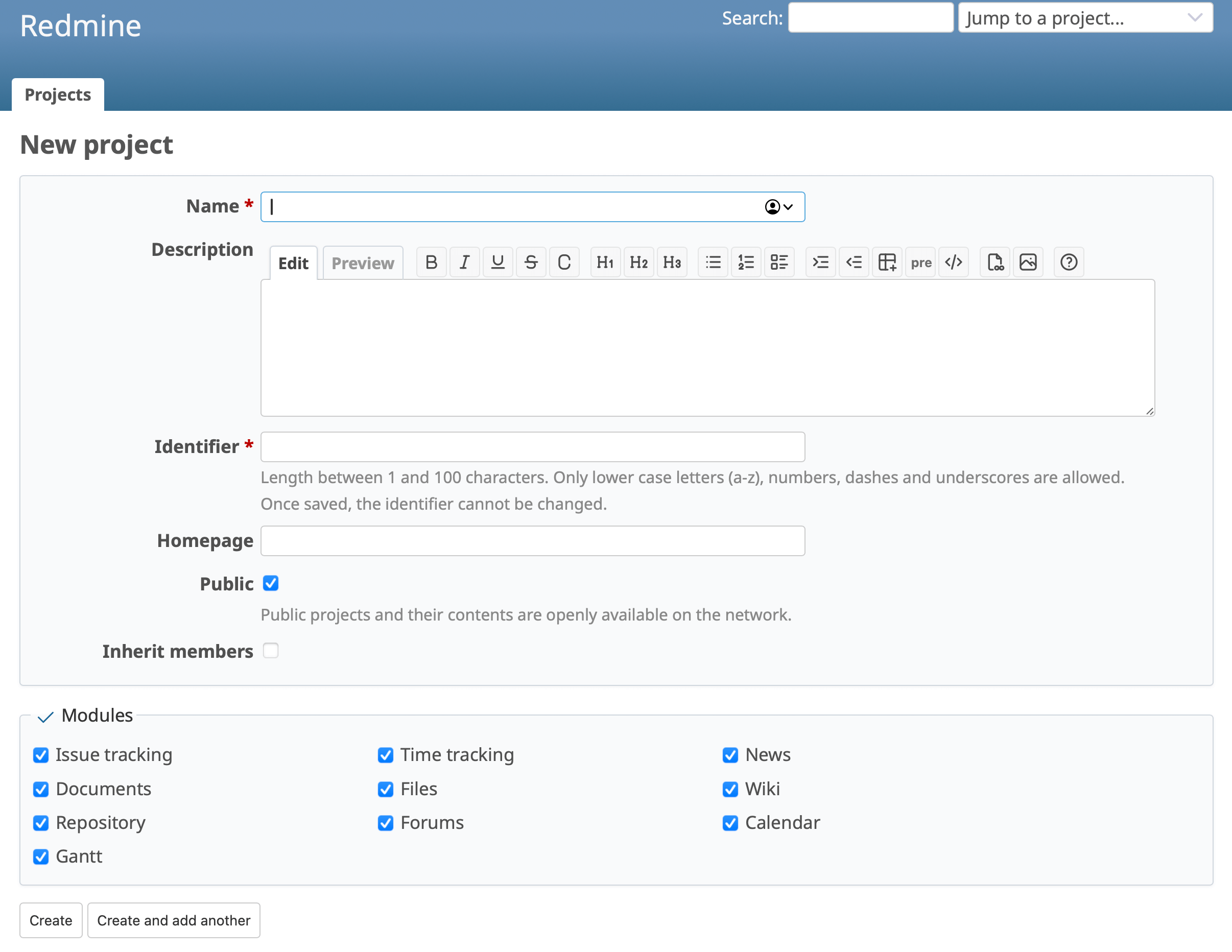 New Project Creation Screen