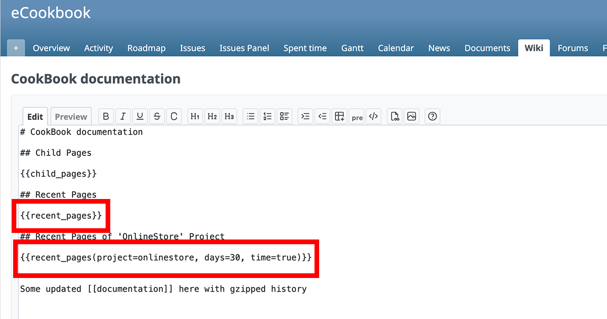 How to Embed a List of Recently Updated Pages in a Redmine Wiki