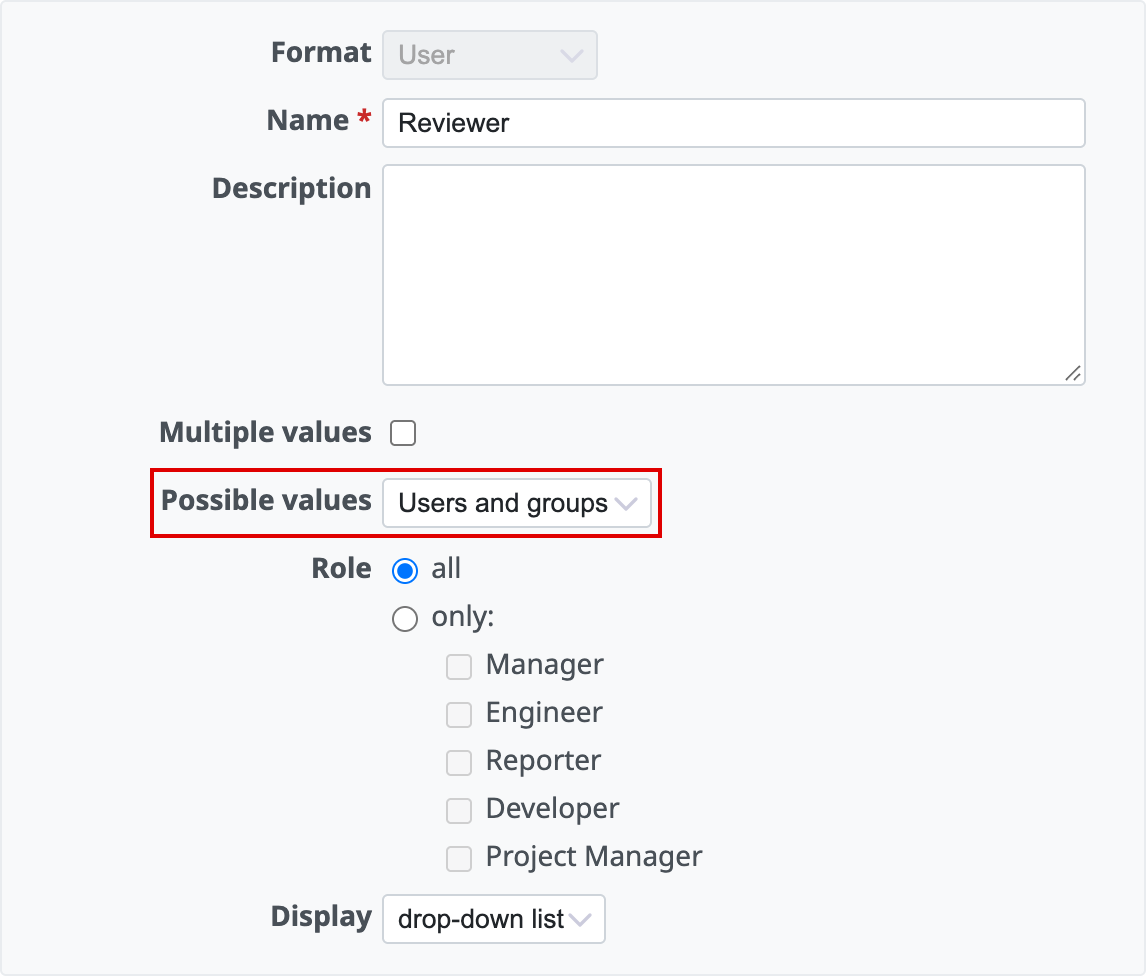 The Possible values setting for a User format custom field