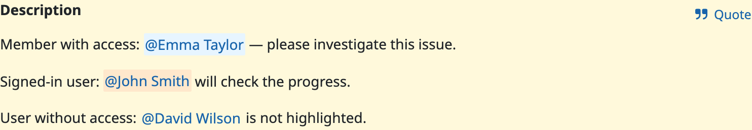 Examples of mention highlighting based on viewing permissions and the signed-in user