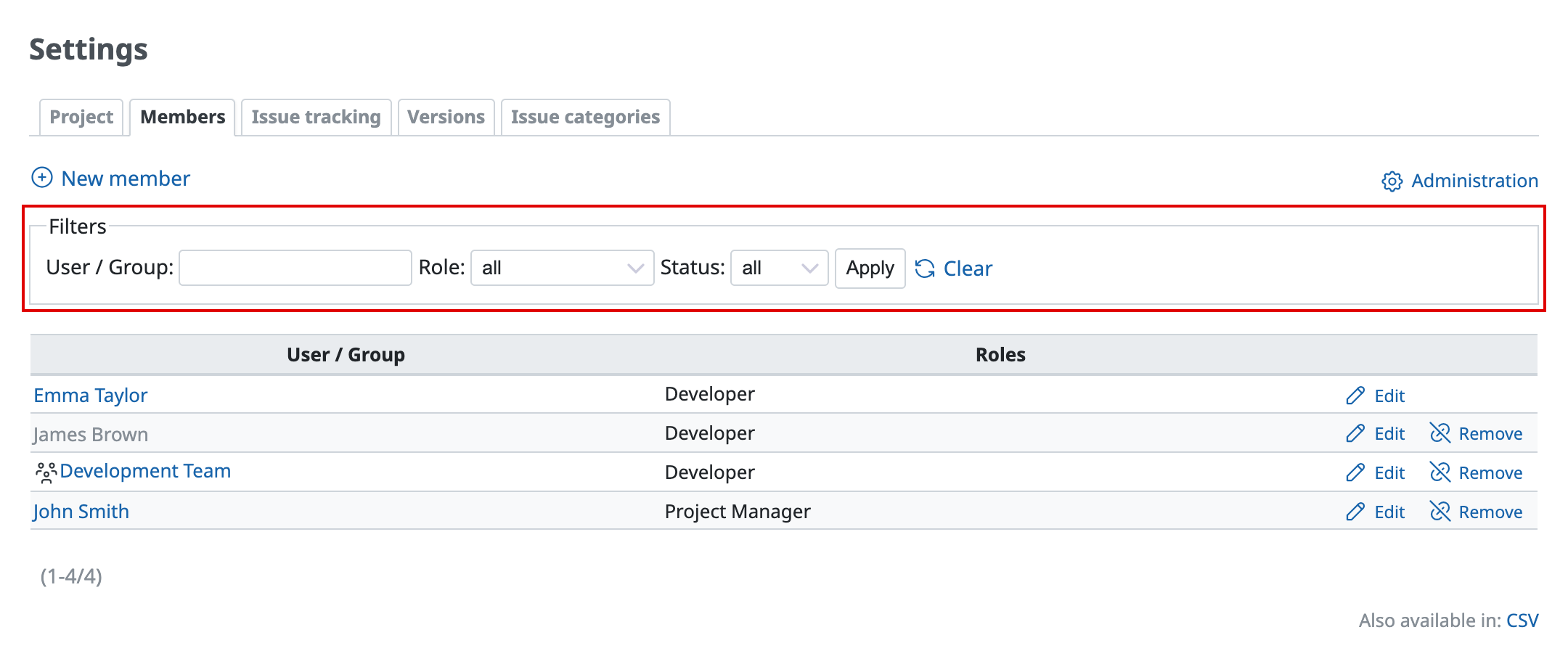 Name, role, and status filters in the project Members tab
