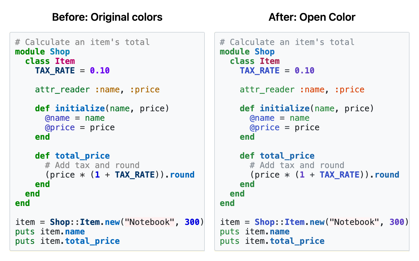 Ruby syntax highlighting before the change on the left and with Open Color on the right