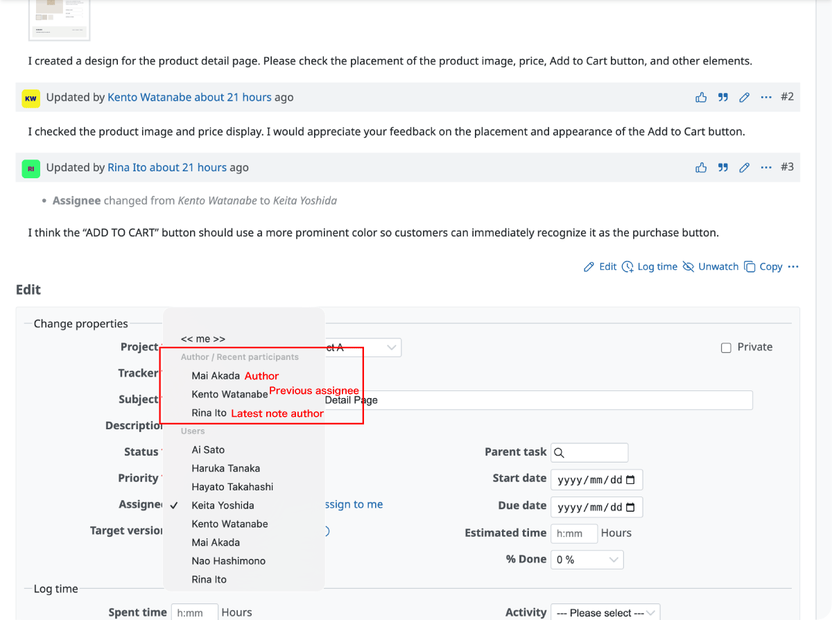 The assignee dropdown showing the issue author, previous assignee, and latest note author in the Japanese interface