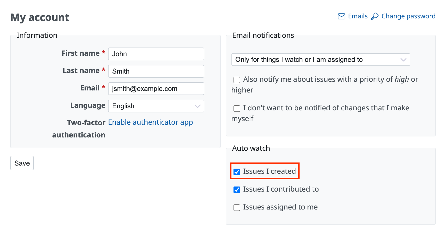 The "Issues I created" setting on the My account page