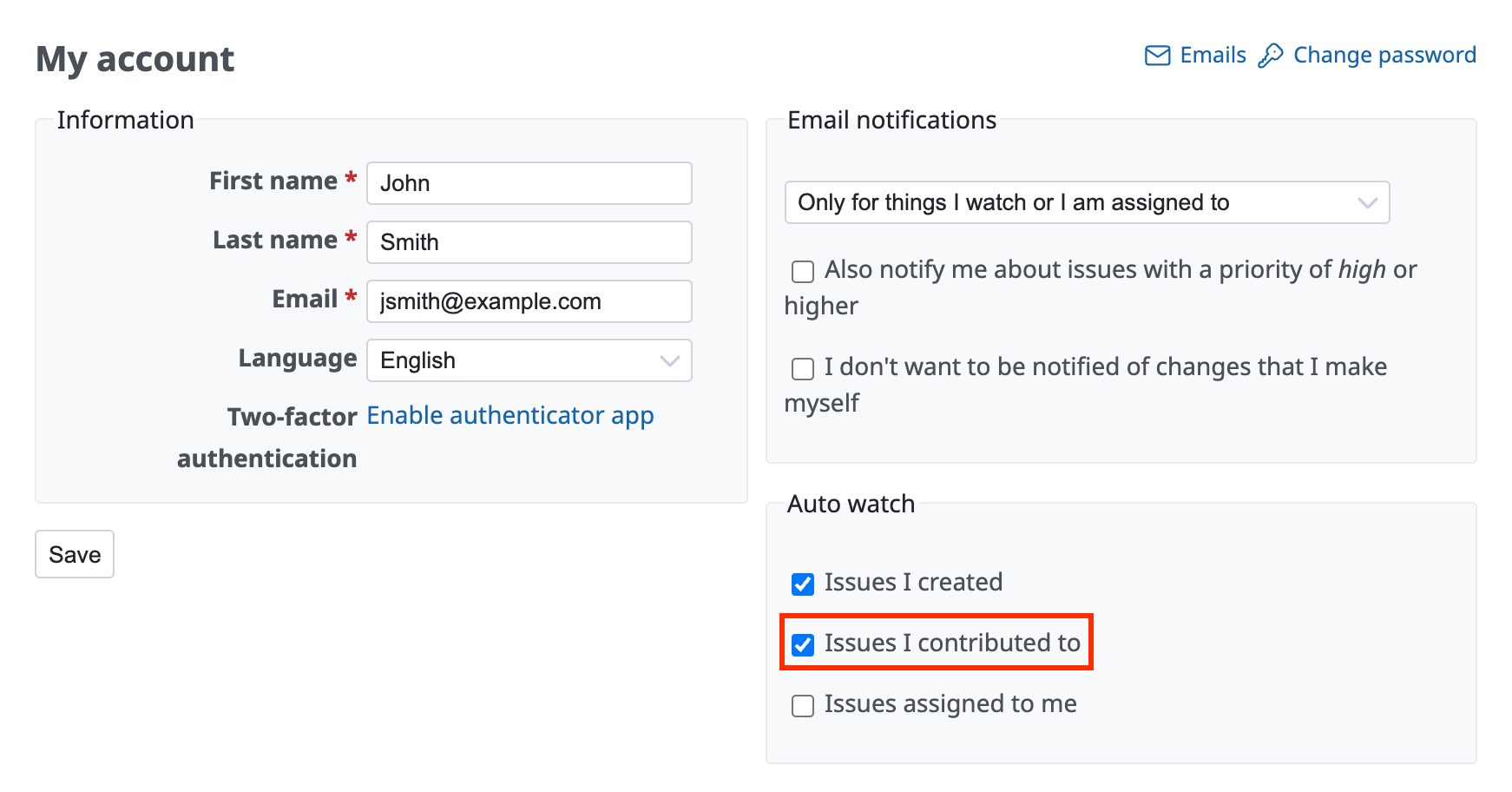 The "Issues I contributed to" setting on the My account page