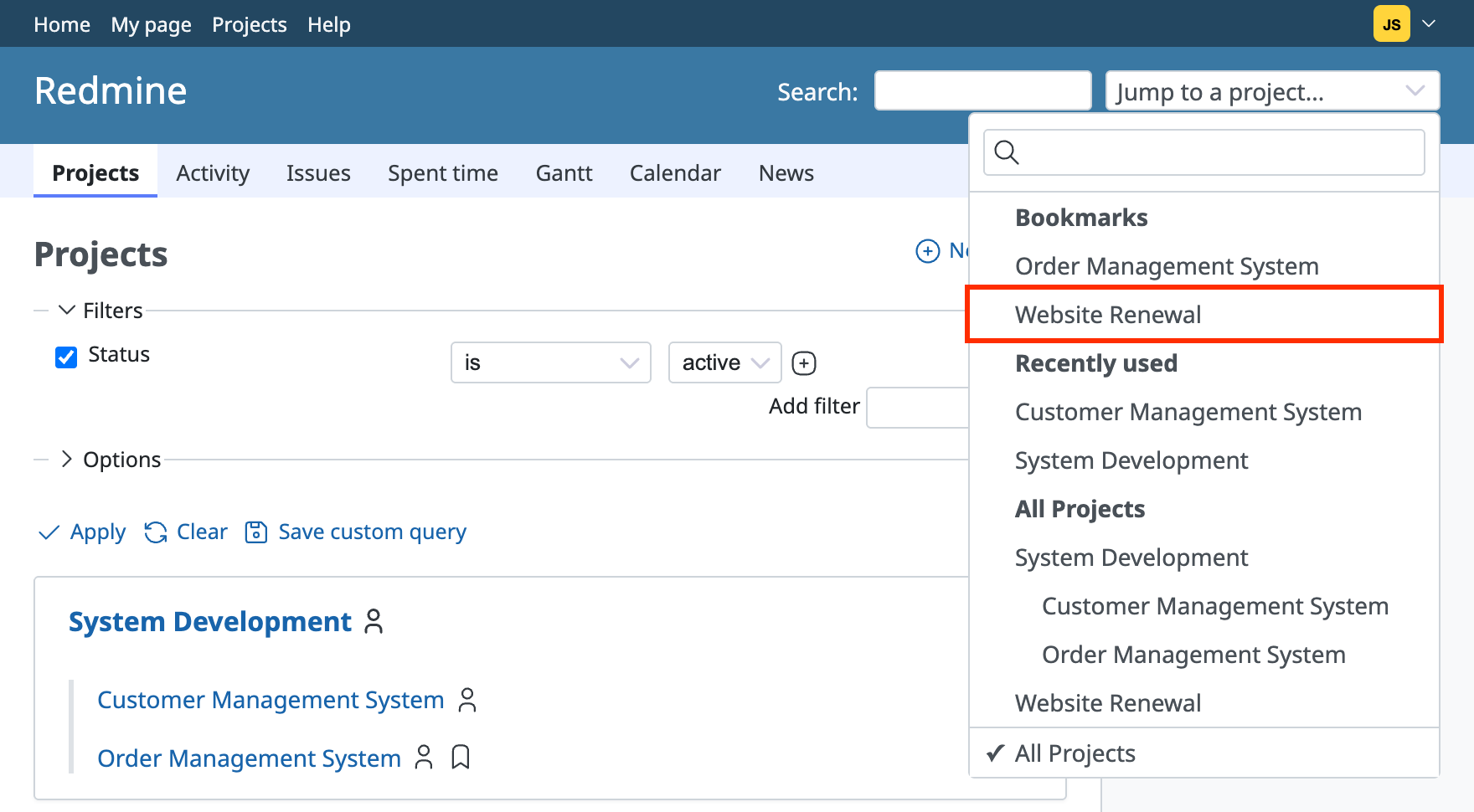 Project selector after a bookmark is added