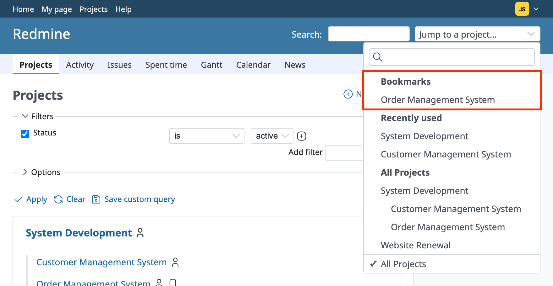 Project selector before a bookmark is added