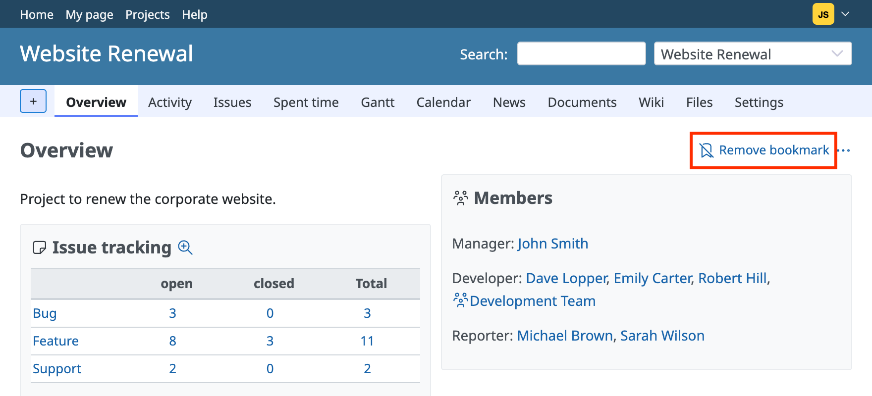 "Remove bookmark" at the top right of the project overview page