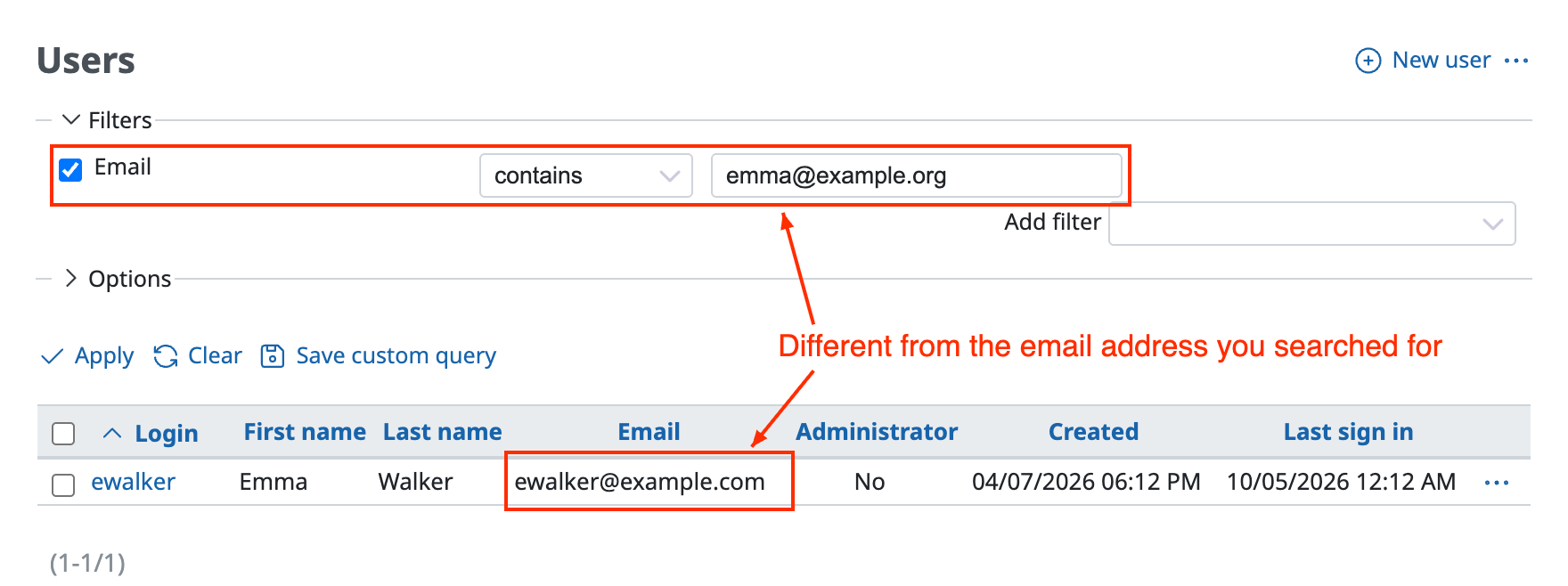 Searching for an email address with a filter on the user list screen