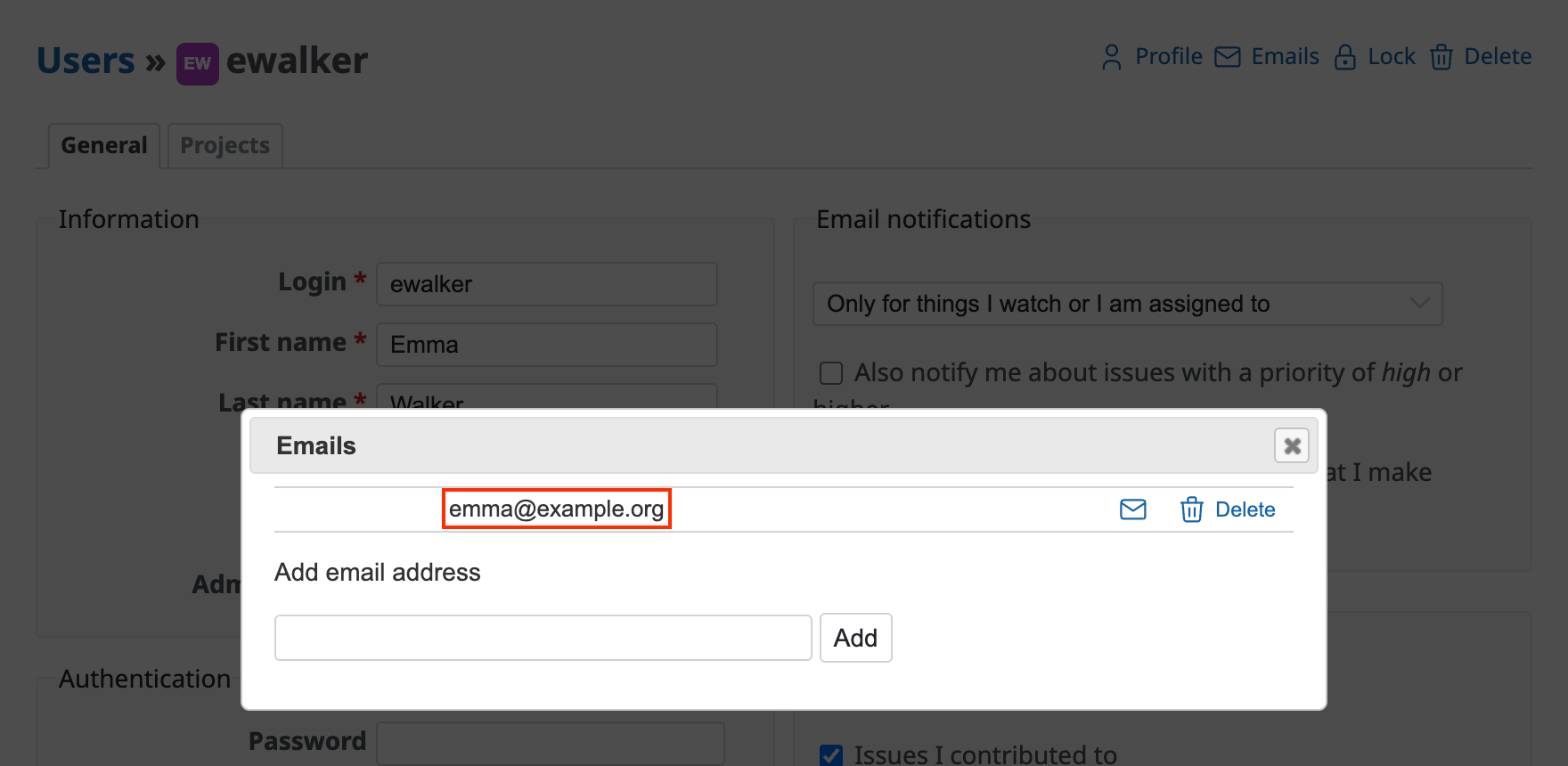 If the user has registered multiple email addresses, the email addresses are shown