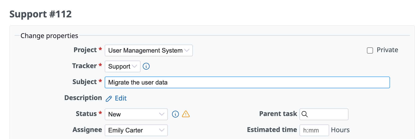 The issue edit page when there are subtasks