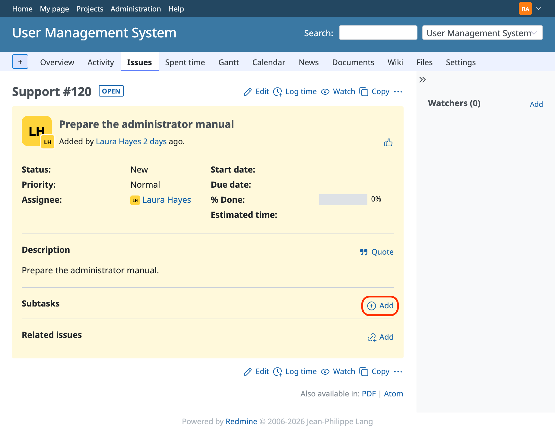 The page that displays the parent issue