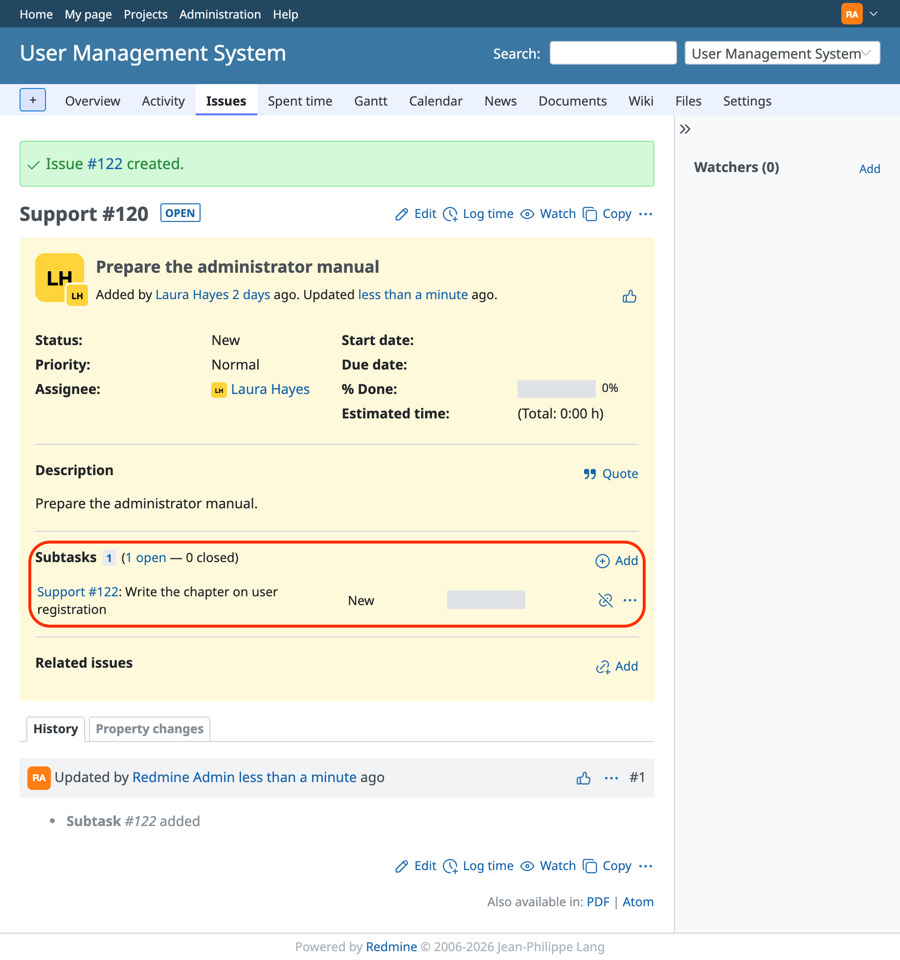 The page that displays the parent issue after the subtask is created