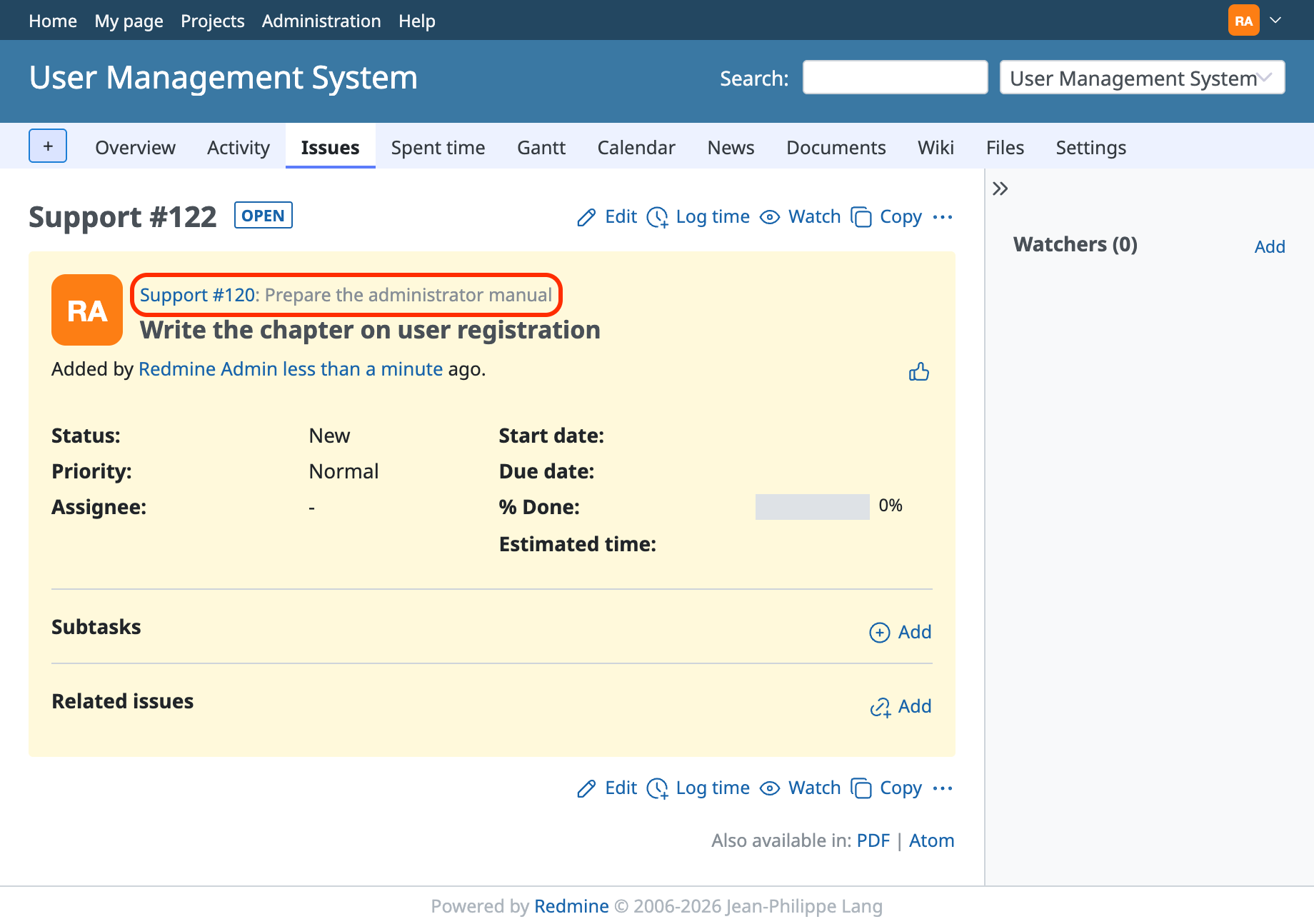 The page that displays the parent issue after the subtask is created