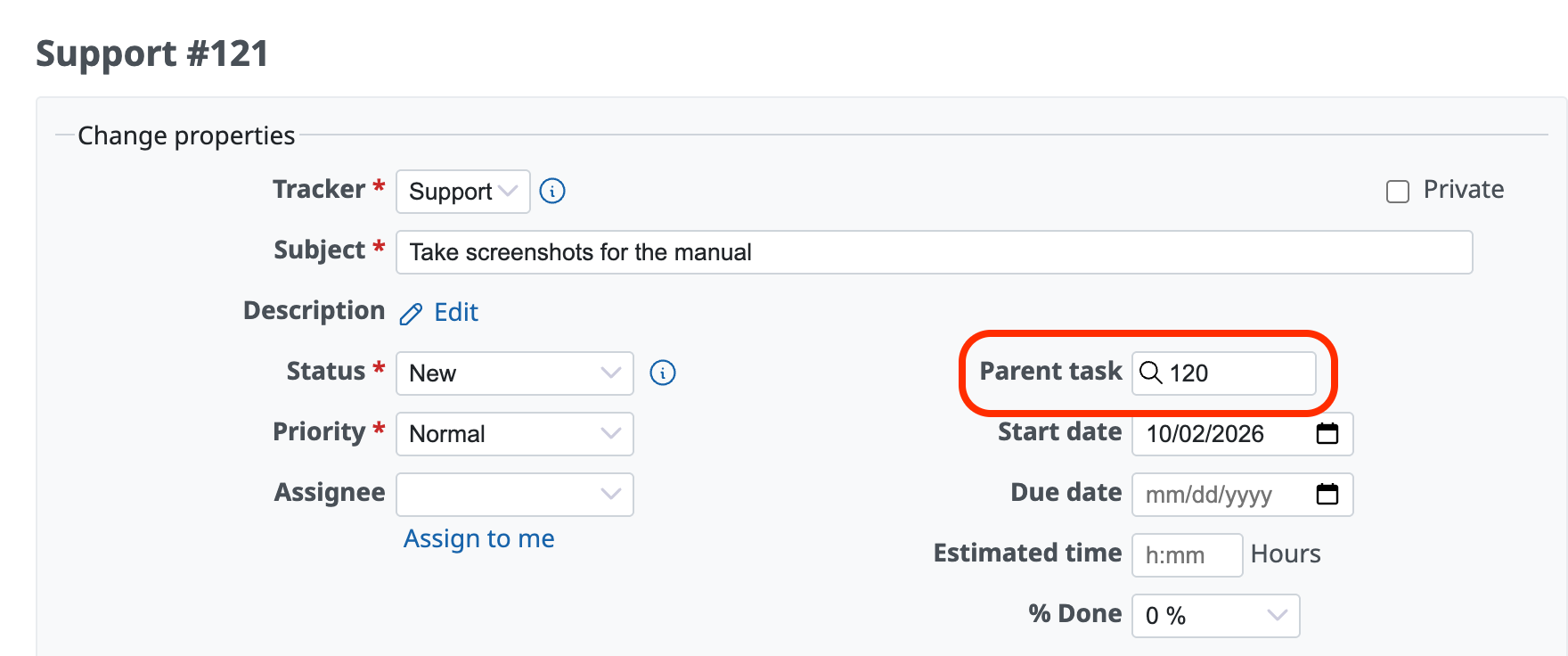 The issue edit page with the parent issue number entered