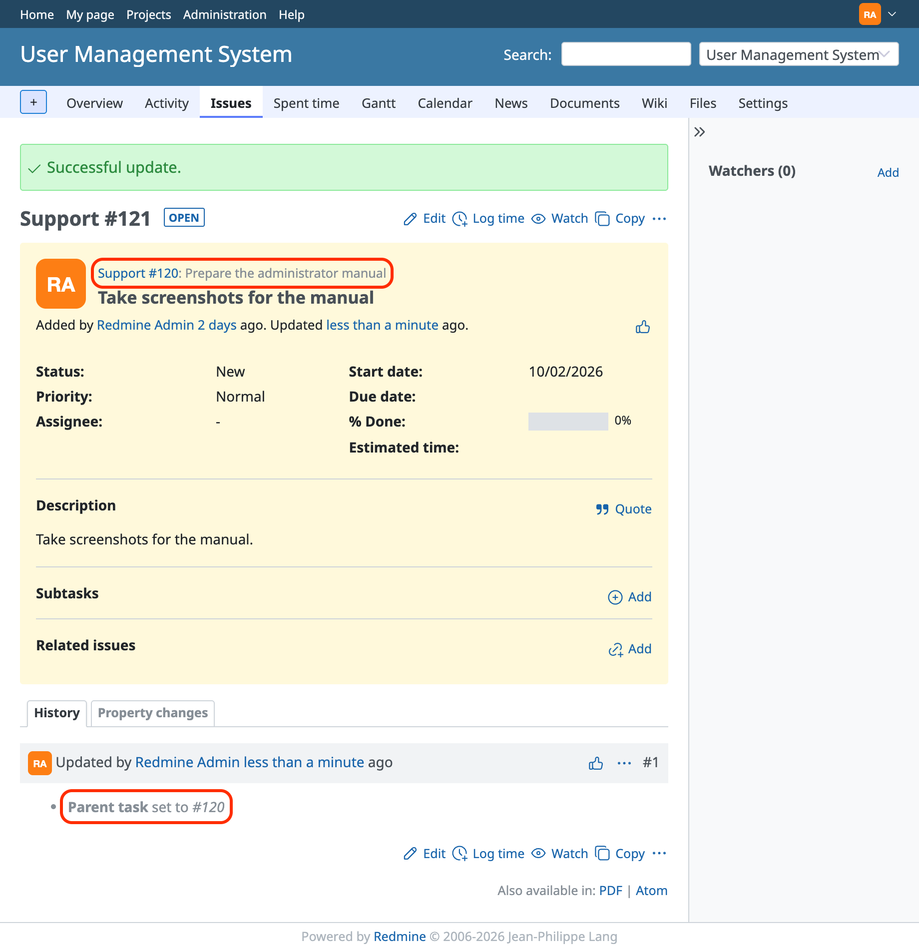 The page of the subtask after the parent and subtask relationship is made