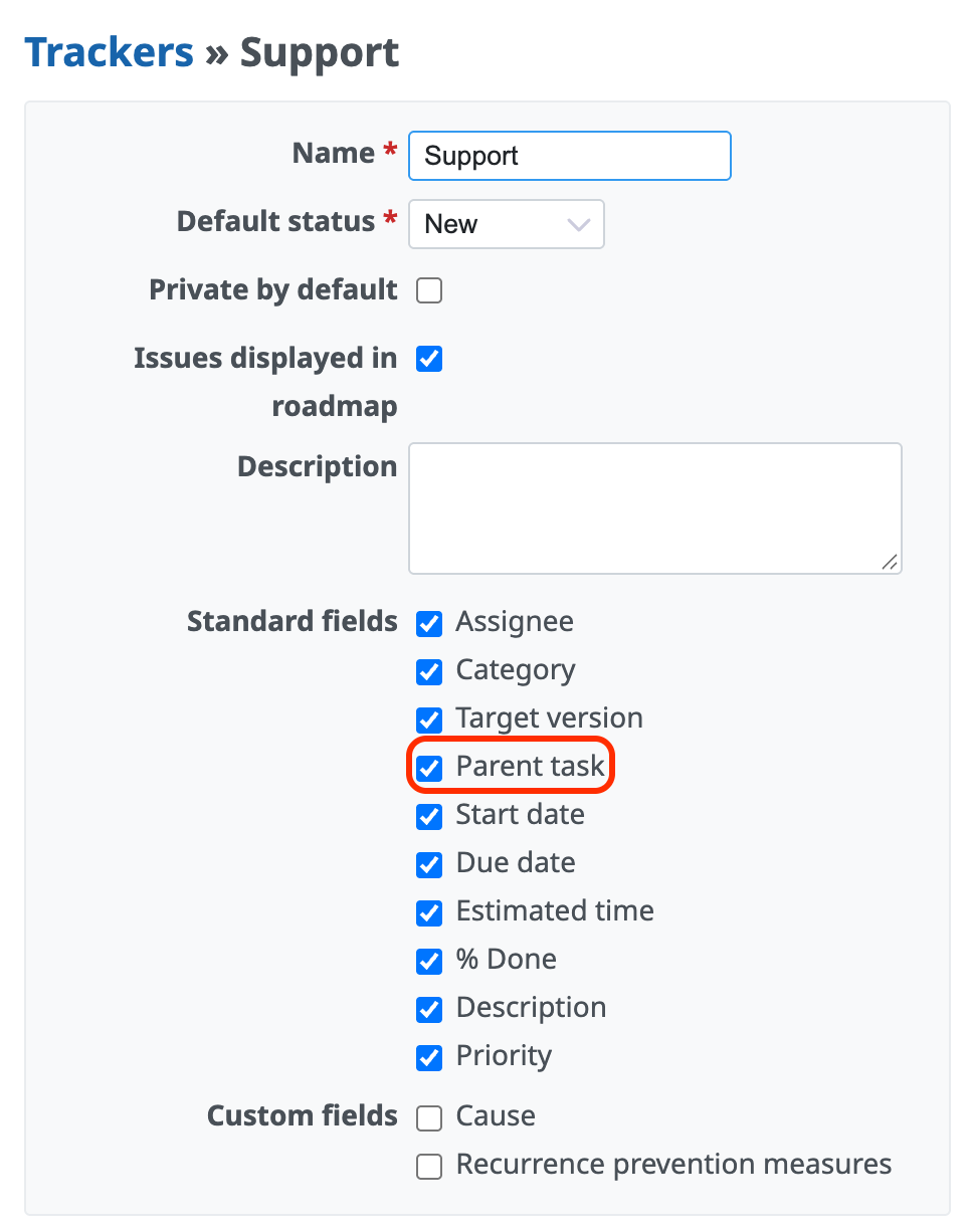 Parent task is selected on the tracker settings page