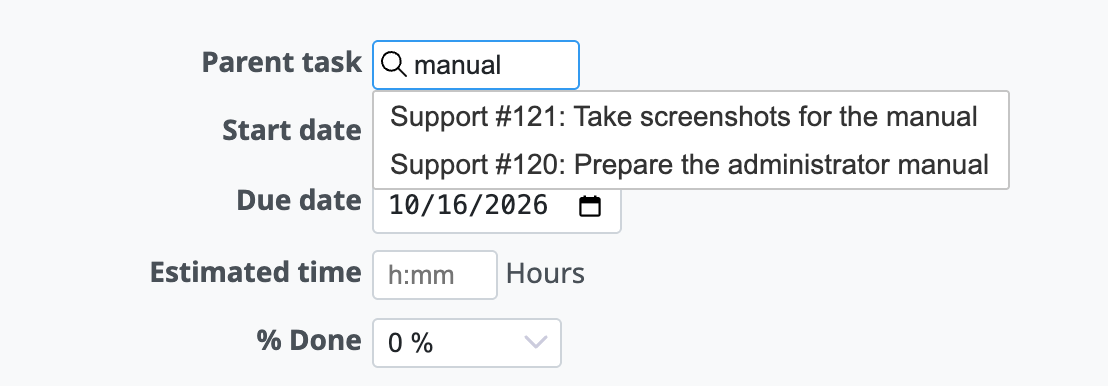 Candidate parent tasks that are shown when you enter a part of the subject in the Parent task field