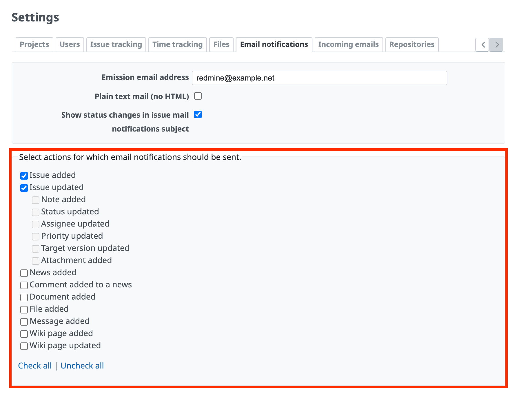Email notifications tab of the Administration → Settings page