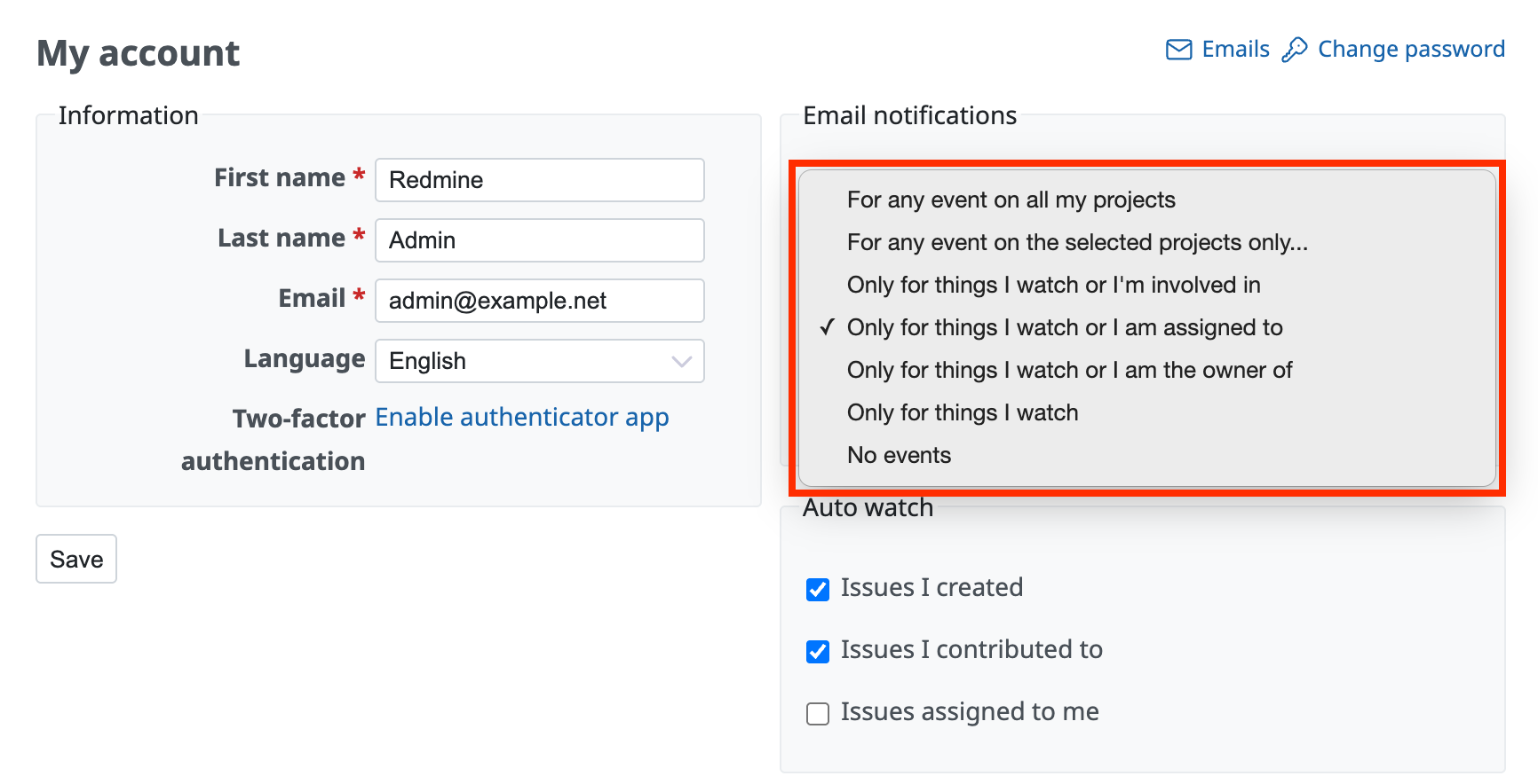 Email notification settings on the My account page