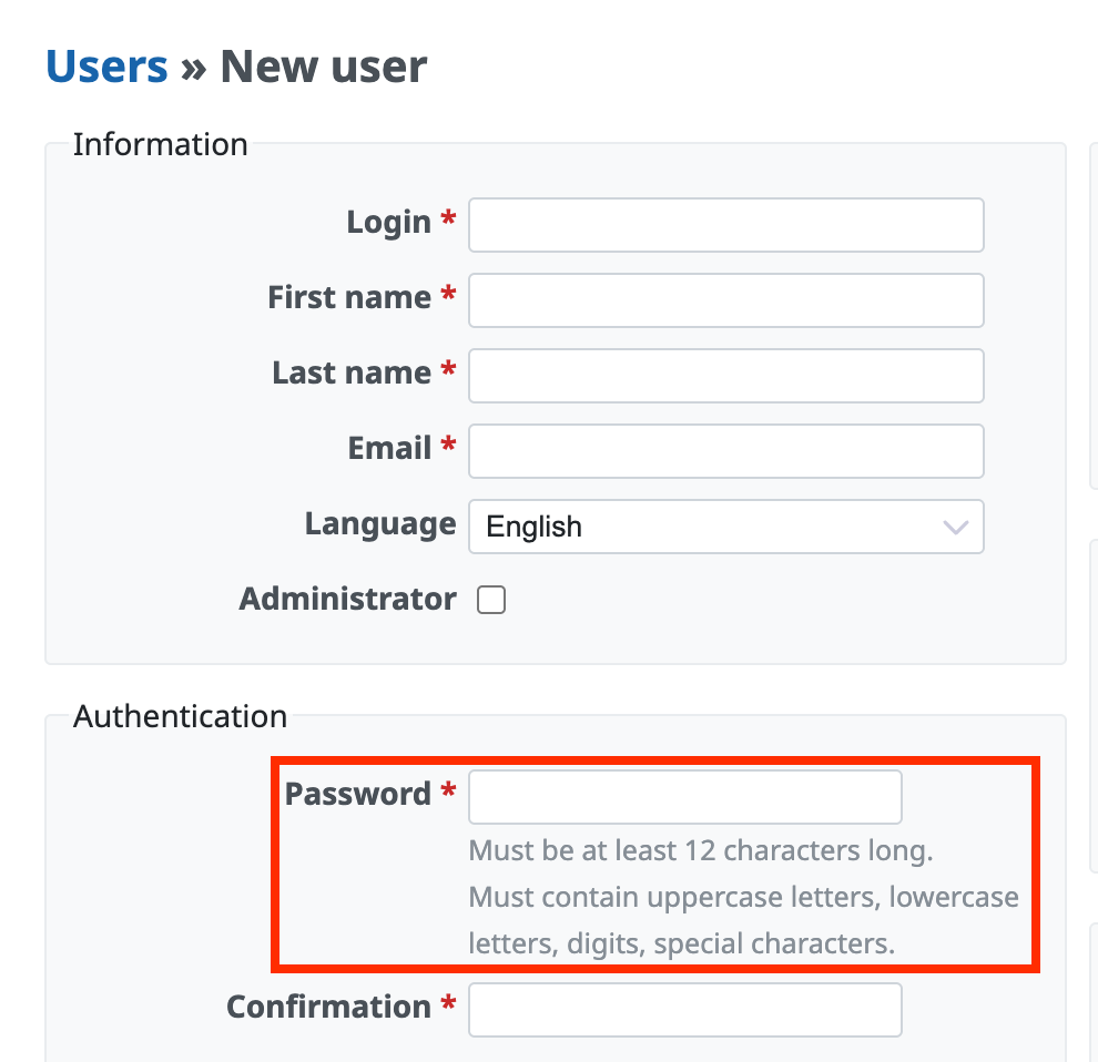 The "New user" screen