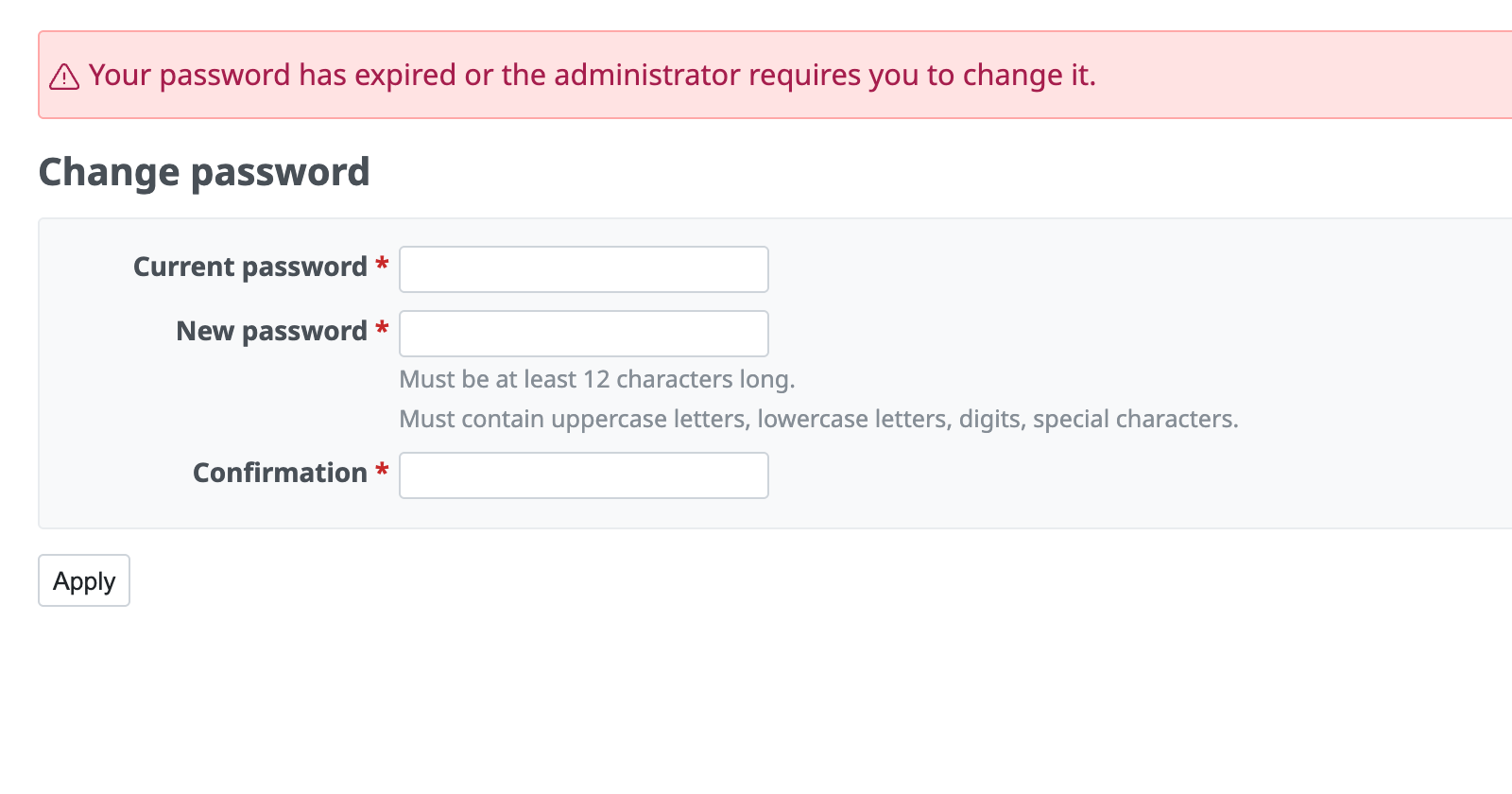 The "Change password" screen
