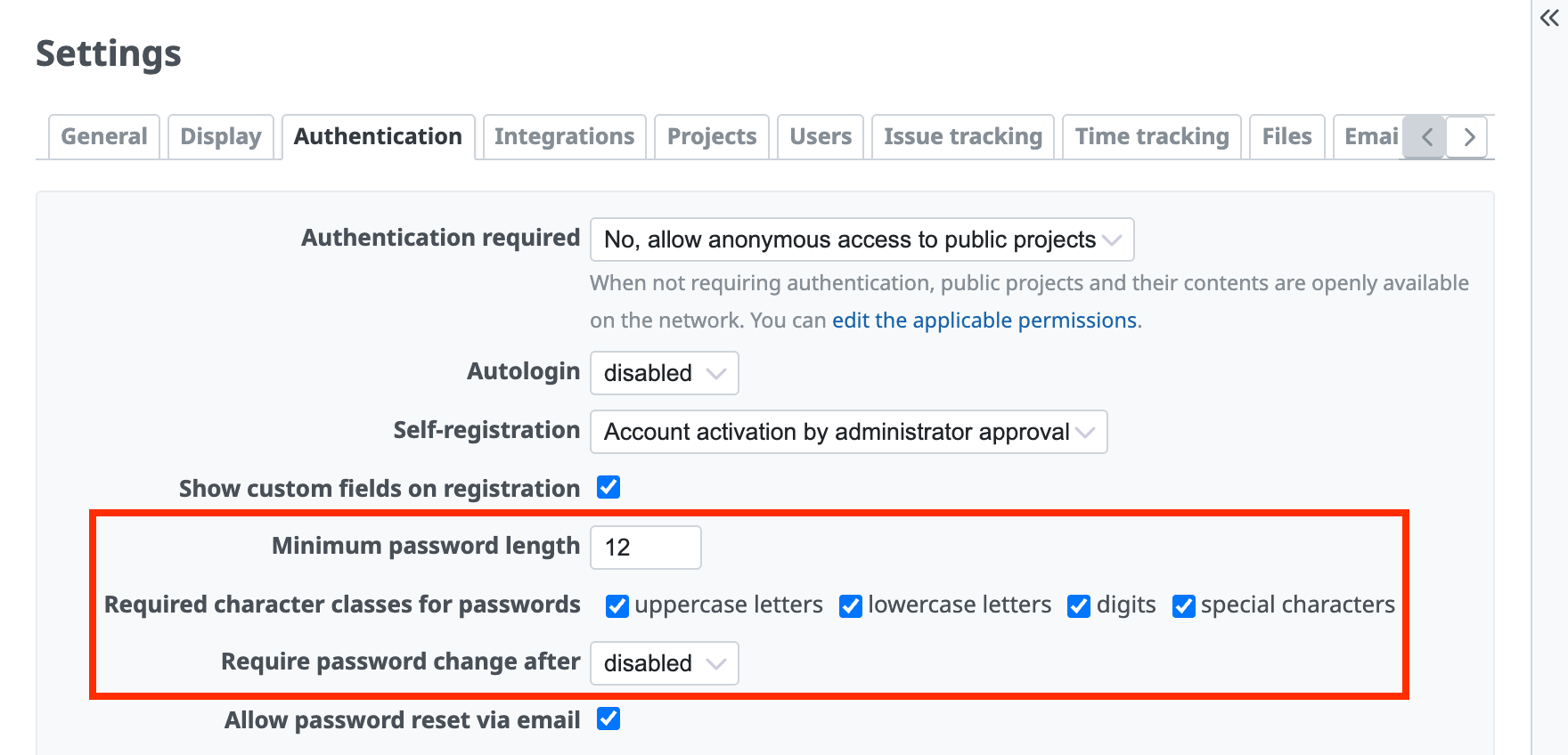 The "Administration" → "Settings" → "Authentication" tab