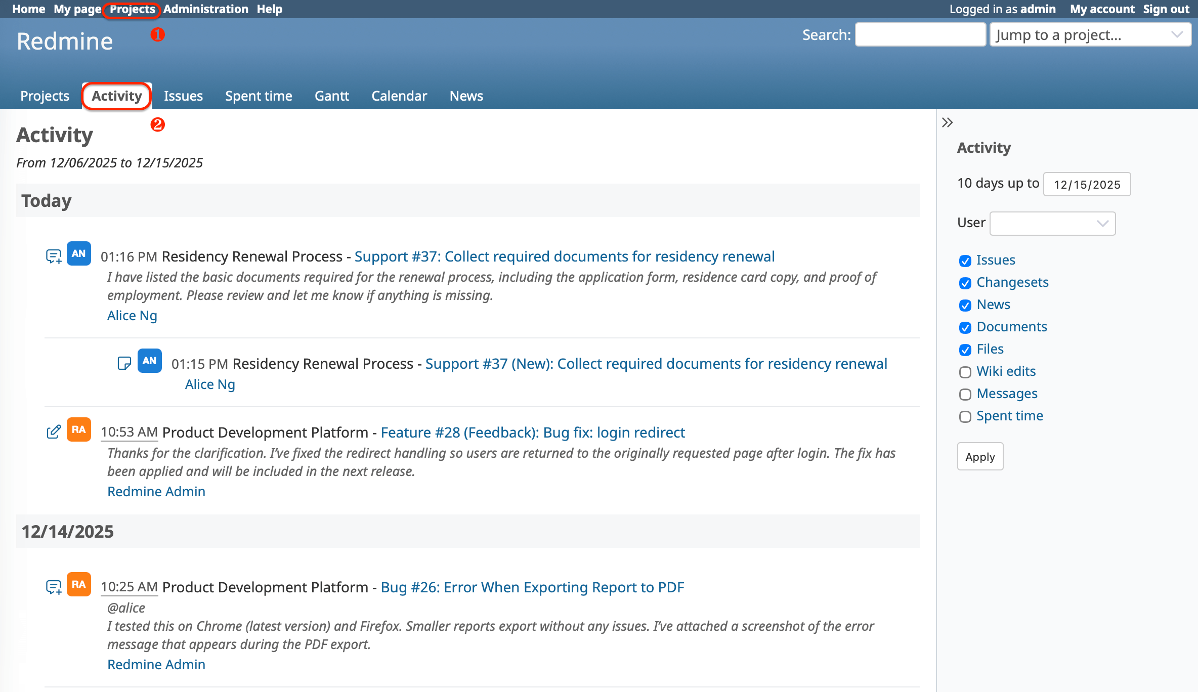 Activities Across All Projects