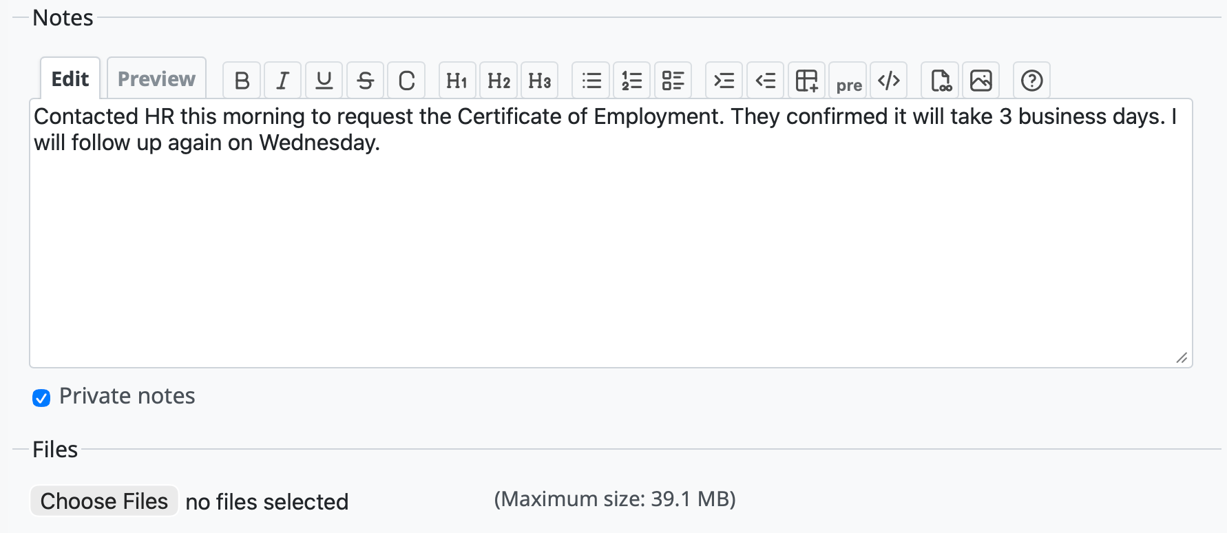 Private Notes Checkbox